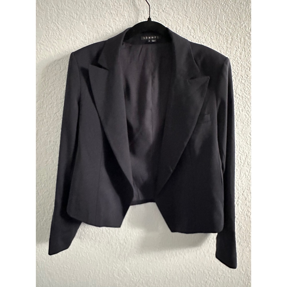 Theory Joji Cropped Blazer Navy Blue Virgin Wool Peak Lapel Jacket Size 12
